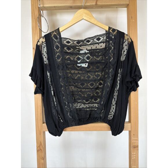 Pol Black Lace Sheer Pop Over Blouse Top #1215 Size LARGE - Picture 2 of 4